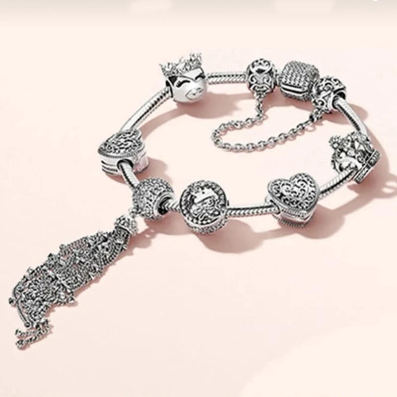 

NEW 100% 925 Sterling Silver Crown love 7 Charm Bead Bracelet Set Planet of Charm Astronaut Night Blue Love Heart Charm