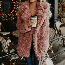 Пушистое длинное пальто с искусственным мехом женское Утепленное зимнее пальто с искусственным мехом уличная одежда розовое черное