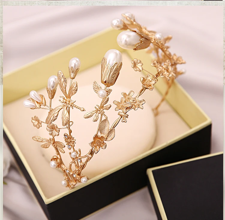 

imitated golden leaf big pearl vintage tiaras luxury Baroque queen crowns and tiaras bridal wedding hair accessories