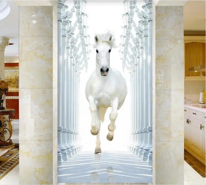

Free shipping 3D white horse running Door Sticker for Bedroom Living Room gift art PVC Waterproof Decal door wrap 77*200cm