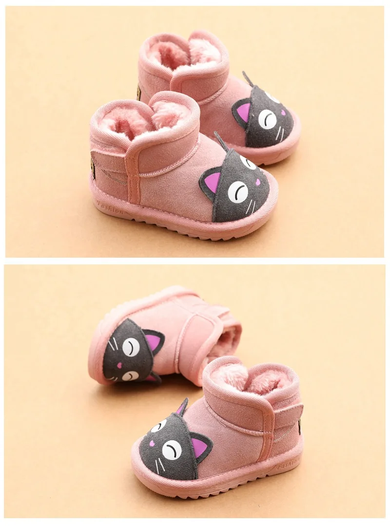 Милые зимние ботинки для маленьких девочек 1-2-3 лет с рисунком кота; зимняя теплая обувь из натуральной кожи для маленьких мальчиков; Детские ботиночки; 21-25
