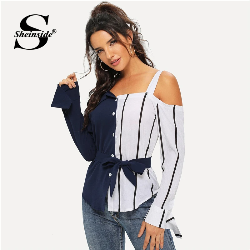 Goedkoop Sheinside Navy Koude Schouder Gestreepte Blouse Shirt Lange Mouw Vrouwen Tops 2019 Fashion Asymmetrische Hals Belted Womens Blouses