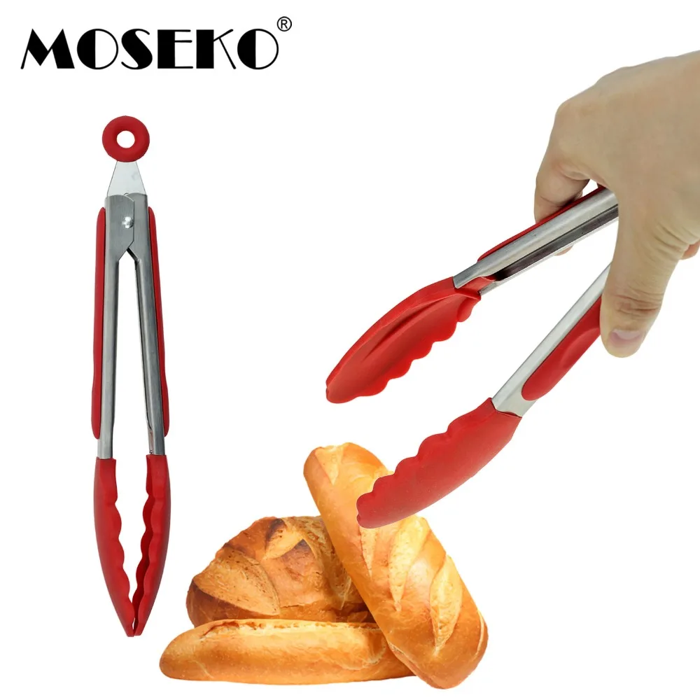 MOSEKO Silicone Kitchen Cooking Salad BBQ Tongs Stainless Steel Handle