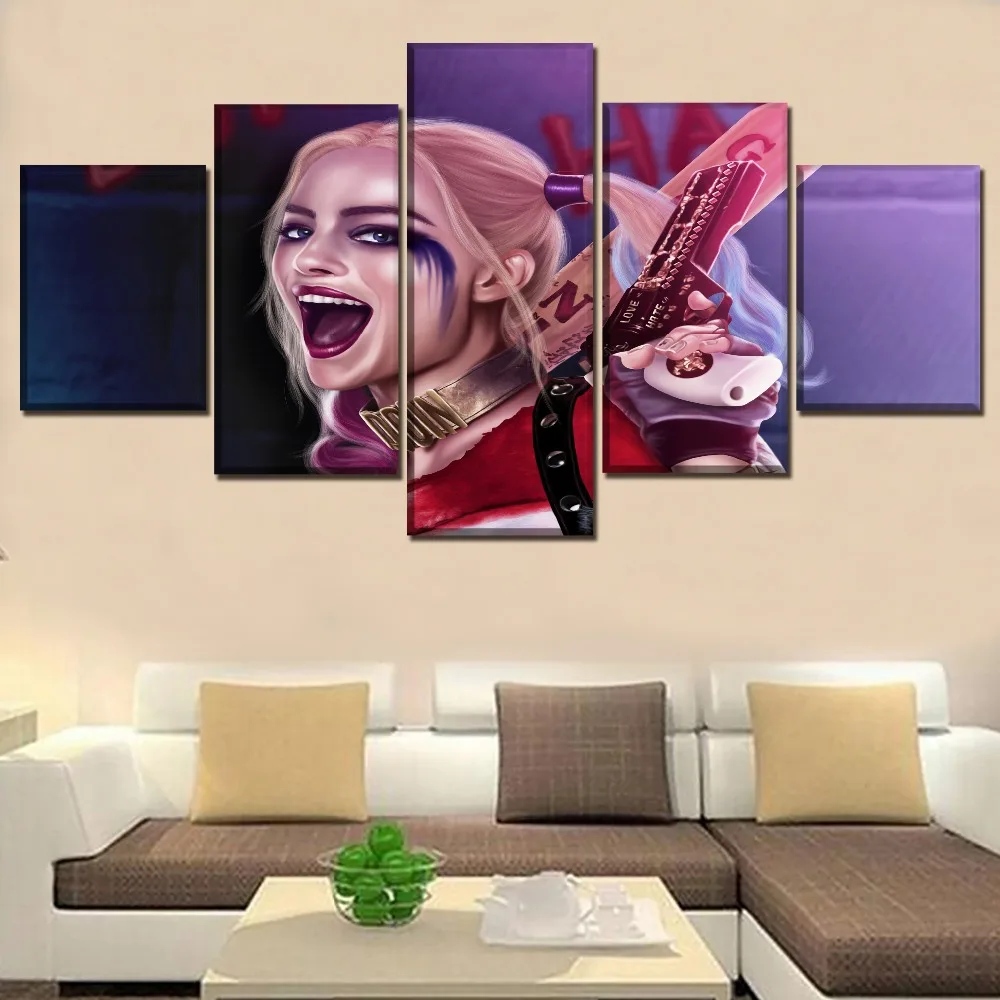 

5 Pieces Canvas HD Prints Painting Artistic Harley Quinn Margot Robbie Suicide Squad For Modern Decorative Home Wall Art Decor