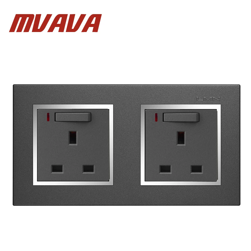 

MVAVA Luxury Double 13A UK Socket Black PC Series Panel 1 Gang Switch And 13A Wall Socket With Neon Free Shipping