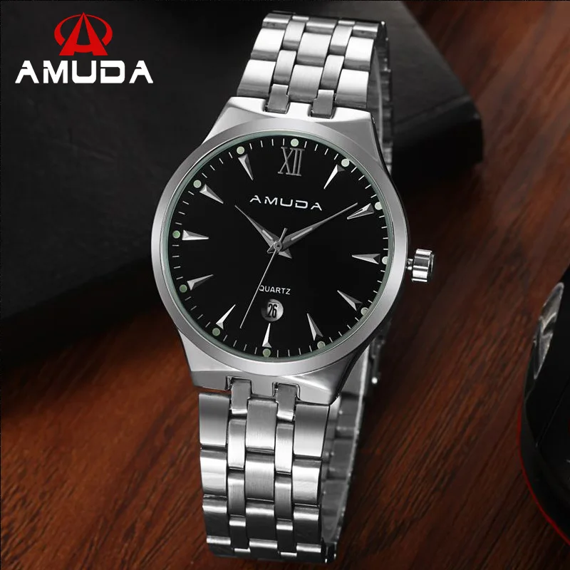 AMUDA Brand Stainless Steel Male Watches Silver Strap Quartz Watch Good