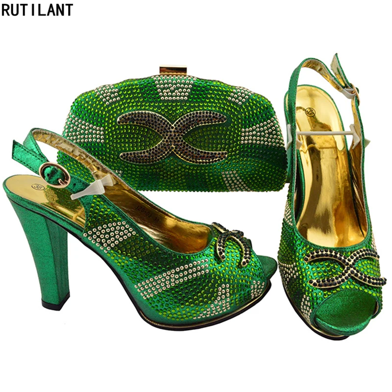 

New Arrival Ladies Italian Shoe and Bag Set Decorated with Rhinestone Nigerian Women Wedding Shoes and Bag Set High Heeles Pumps