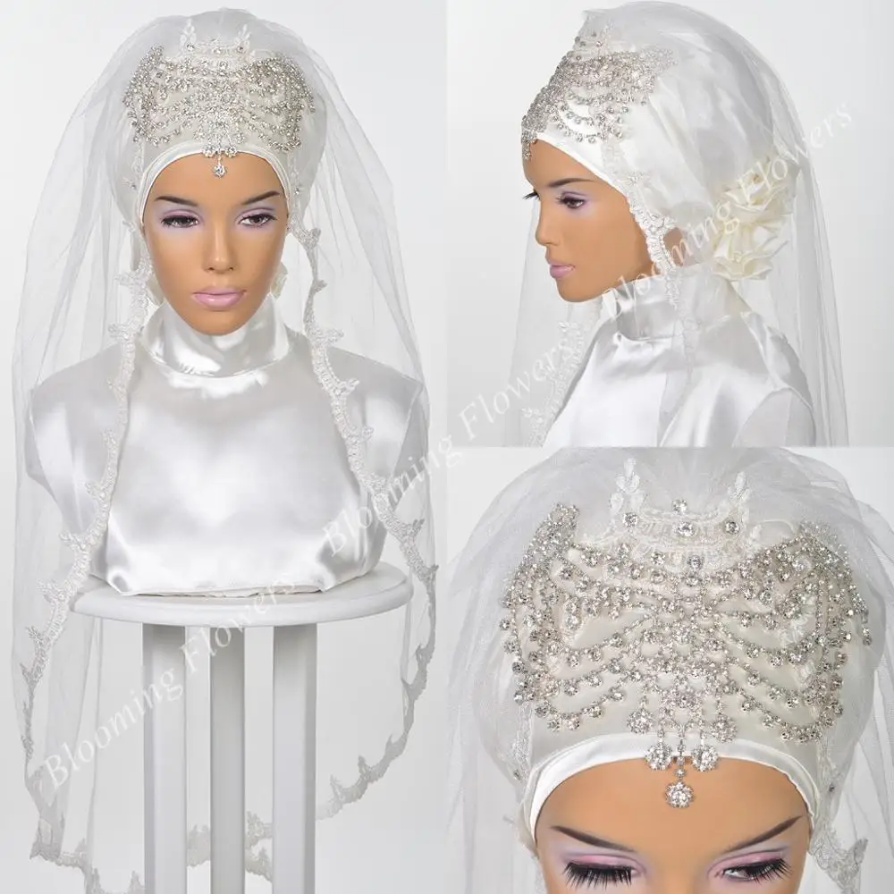 Мусульманский Свадебный хиджаб Кристаллы Бисероплетение Исламская свадебная фата Кружевная аппликация тюрбан для невест до локтя