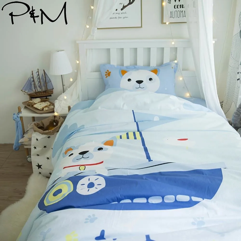 

2019 Light Blue Dog Sailor INS Bedlinens Twin 3pcs Set Duvet Cover Set Soft Cotton Fabric Bedding Set Flat Sheet Pillowcases