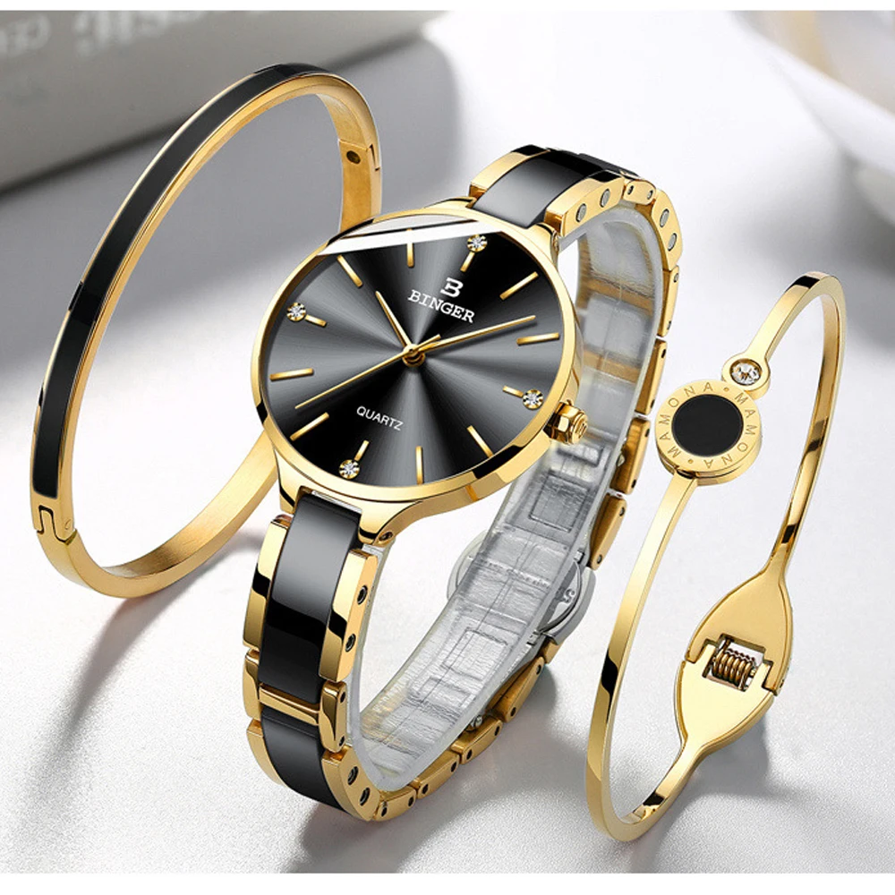 

BINGER Women's Fashion Watches Top Brand Golden Crystal Gift Bracelet Quartz Watches Ladies Ceramic Wristwatch Relogio Feminino