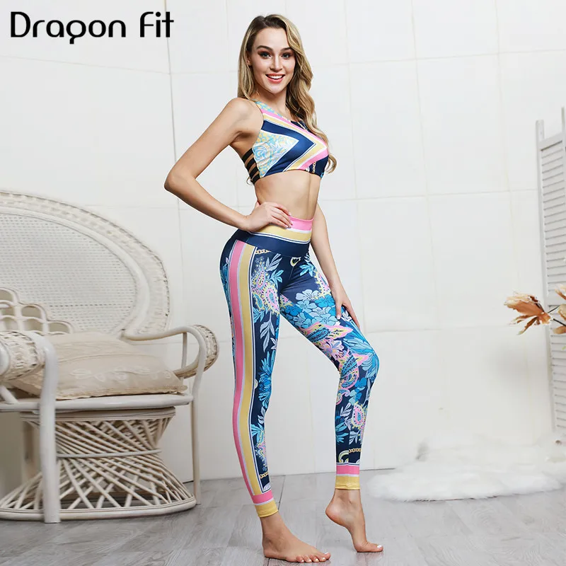 

Dragon Fit Floral Printing Sport Suit Women 2 Piece Set Fitness Yoga Suit Crop Top Slim Fitness and High Waist Yoga Leggings