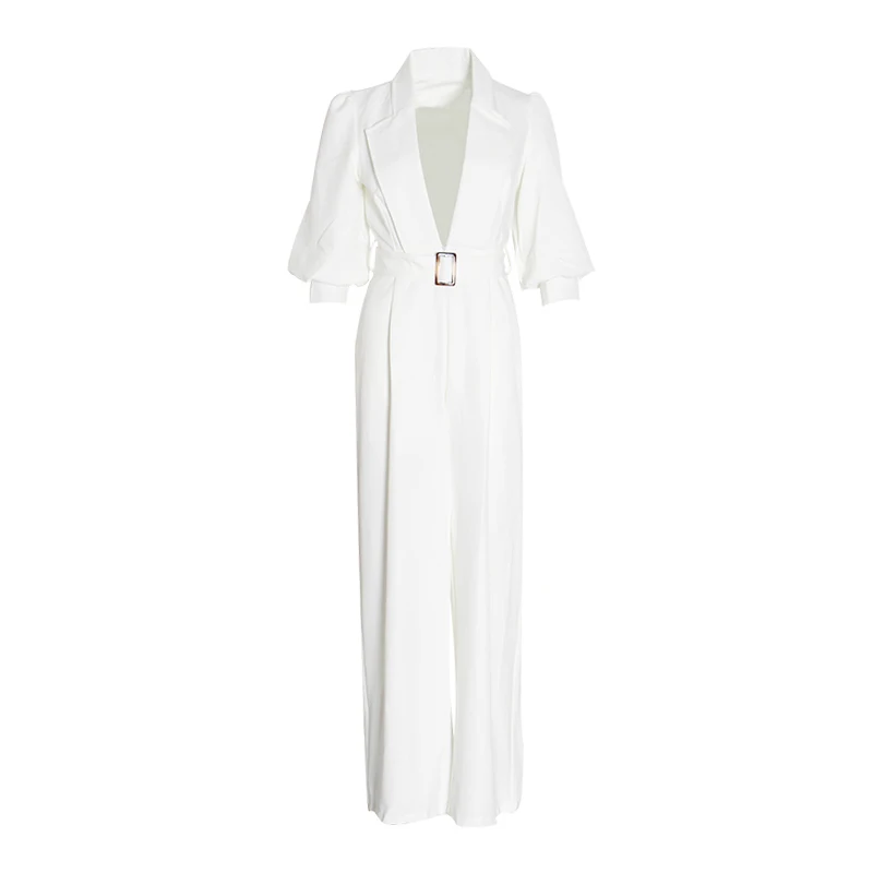 CHICEVER Summer Elegant Solid Women Jumpsuits Lapel Half Lantern Sleeve High Waist Sashes Full Length Flare Female Jumpsuit - Цвет: white