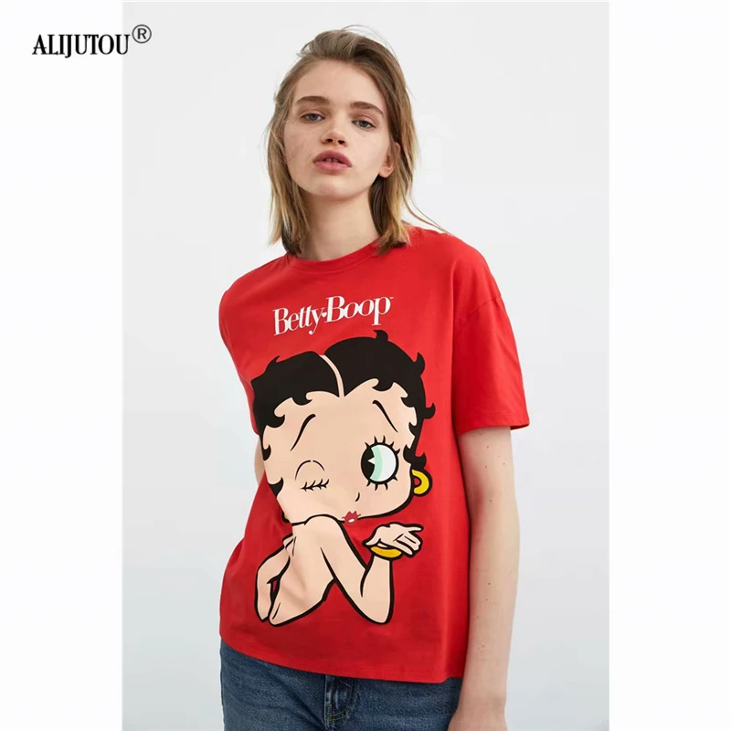 2019 zaraing betty boop Woman Spring Summer Girls Print Short Sleeve O Neck Cotton red t shirt Top Soft Tops Quality Tee