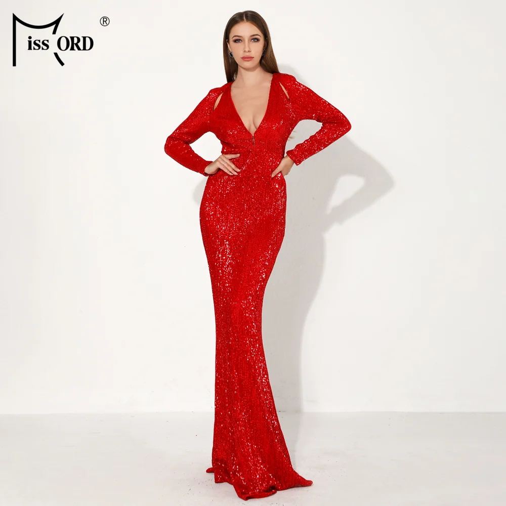 Missord Women Sexy Deep-V Long Sleeve Reflective Dresses Female Solid Color Sequin Maxi Party Dress Vestdios FT18861-1