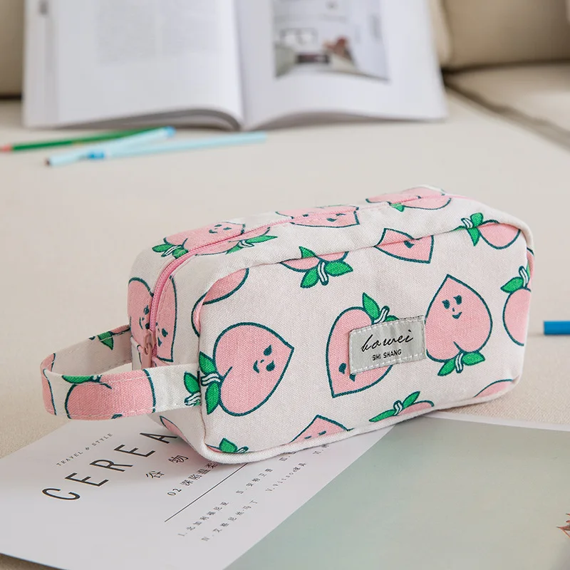 

Cute Peach Leaves Canvas Large Capacity Pencil Case Stationery Storage Organizer Pen Bag Pouch Pencil Box For School Supplies