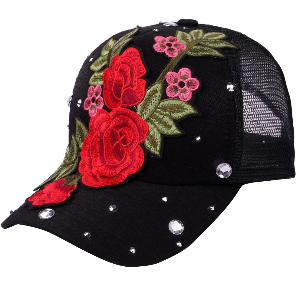 Роза, вышивка Цветочная Bling бейсбольная кепка со стразами Snapback Женская солнцезащитная Кепка