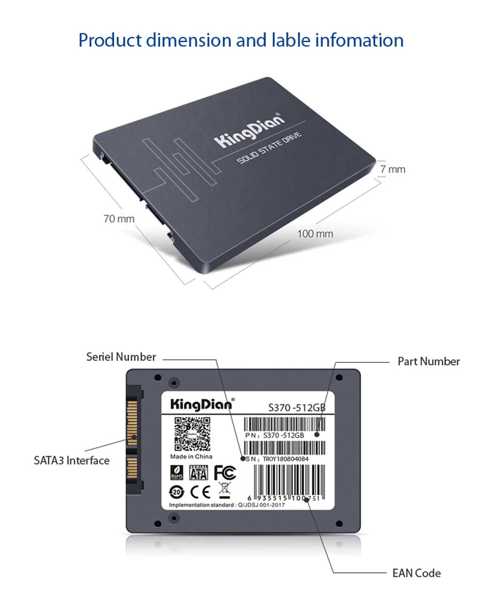 Kingdian SATAIII SSD с 3 летней гарантией 512 ГБ 2,5 дюйма Внутренний твердотельный жесткий диск для ноутбуков(S370 512 ГБ