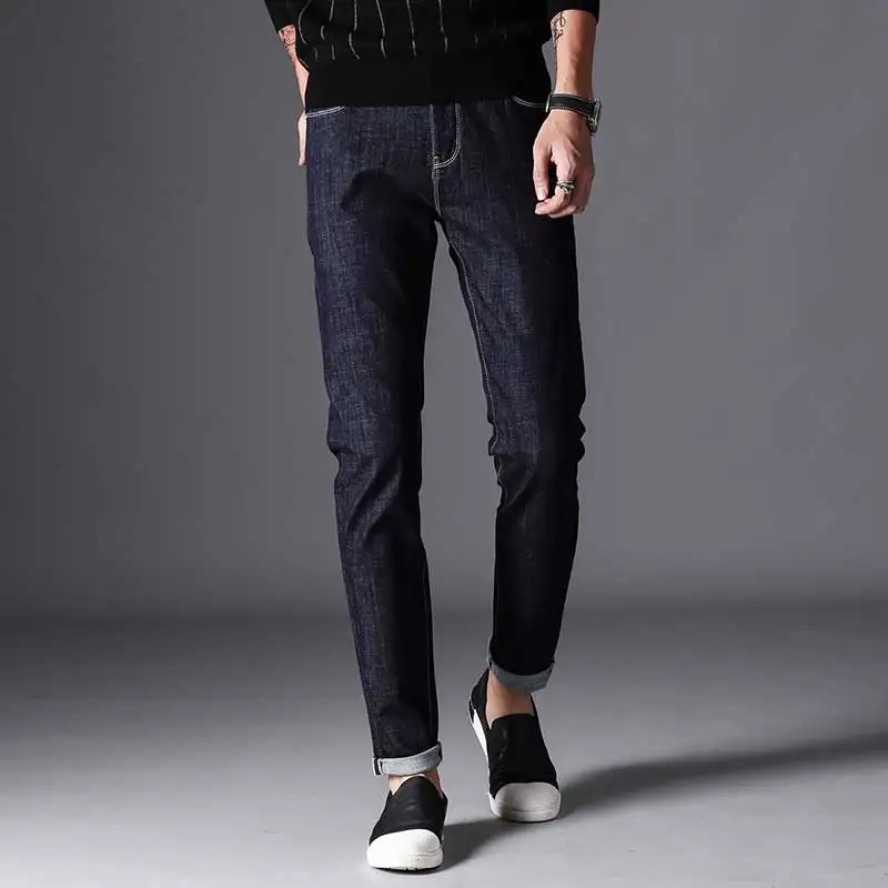 Men's Slim Fit Dark Blue Jeans Solid Original Deep Color Denim Pants ...