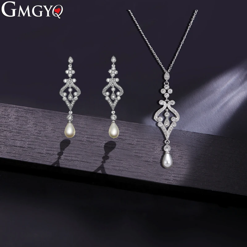 

GMGYQ Fashion Jewelry Silver Color Necklace Earrings Sets Glamour Pearl Jewelry Women's Party Girlfriends Gifts