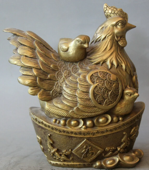 

JP S0524 8" Chinese Brass Wealth Zodiac Year mother and son Rooster Cock sculpture Statue (B0413)