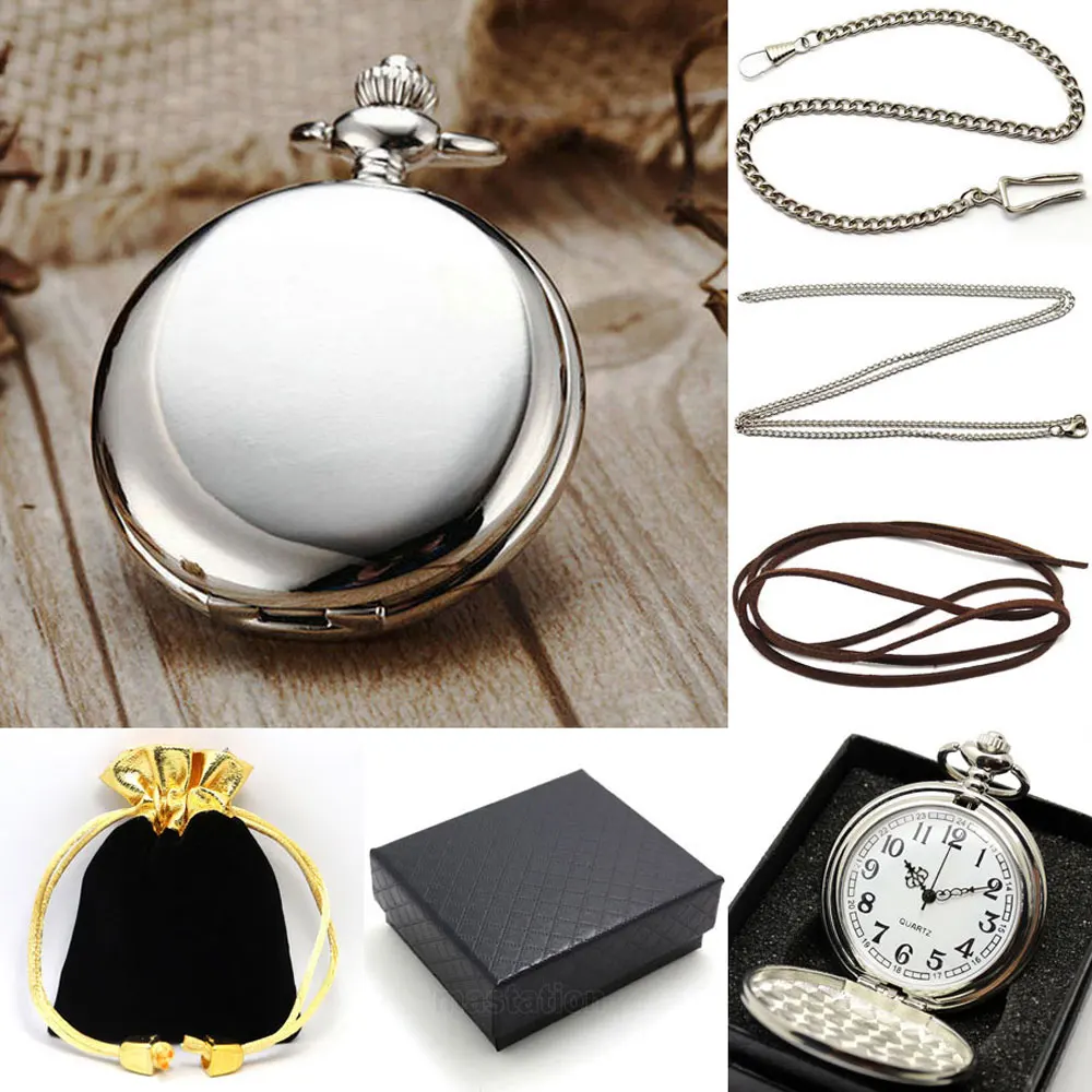 

Sliver Smooth Pendant Pocket Watch Men Black Pure Full Hunter Gift Clock Set Kid Mini Clock with Bag Box Chain P300CKWB
