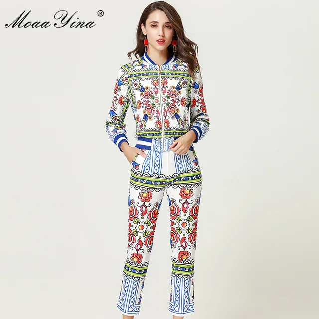 Cheap MoaaYina Fashion Designer Set Spring Women Long sleeve Zipper Floral Print Beading Elegant Tops+3/4 Pencil pants Two-piece suit Cheap MoaaYina Fashion Designer Set Spring Women Long sleeve Zipper Floral Print Beading Elegant Tops+3/4 Pencil pants Two-piece suit