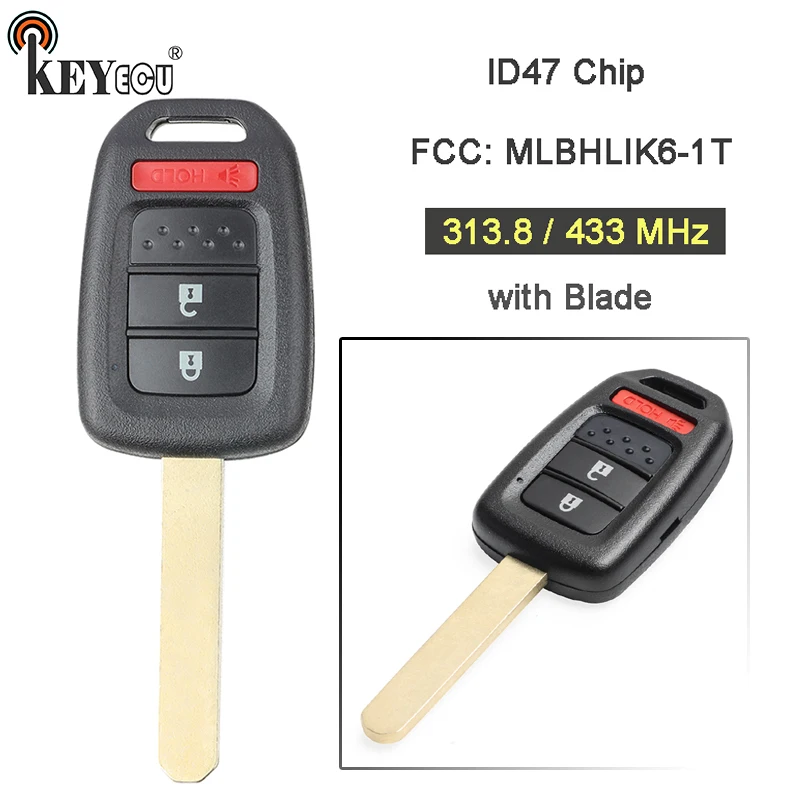 KEYECU 10x313,8/433 МГц ID47 чип FCC: MLBHLIK6-1T Замена 2+ 1 3 кнопки дистанционного брелока для Honda Crosstour CR-V
