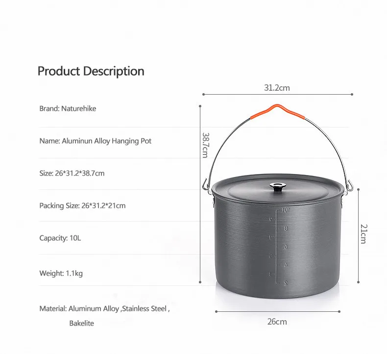 Pote de Liga de Alumínio Portátil para Piquenique Naturehike Ourdoor Cozinhar Grande Capacidade Pendurado Pote Utensílios 10l 13 Naturehike ourdoor Cozinhar 10L Grande Capacidade Pendurado