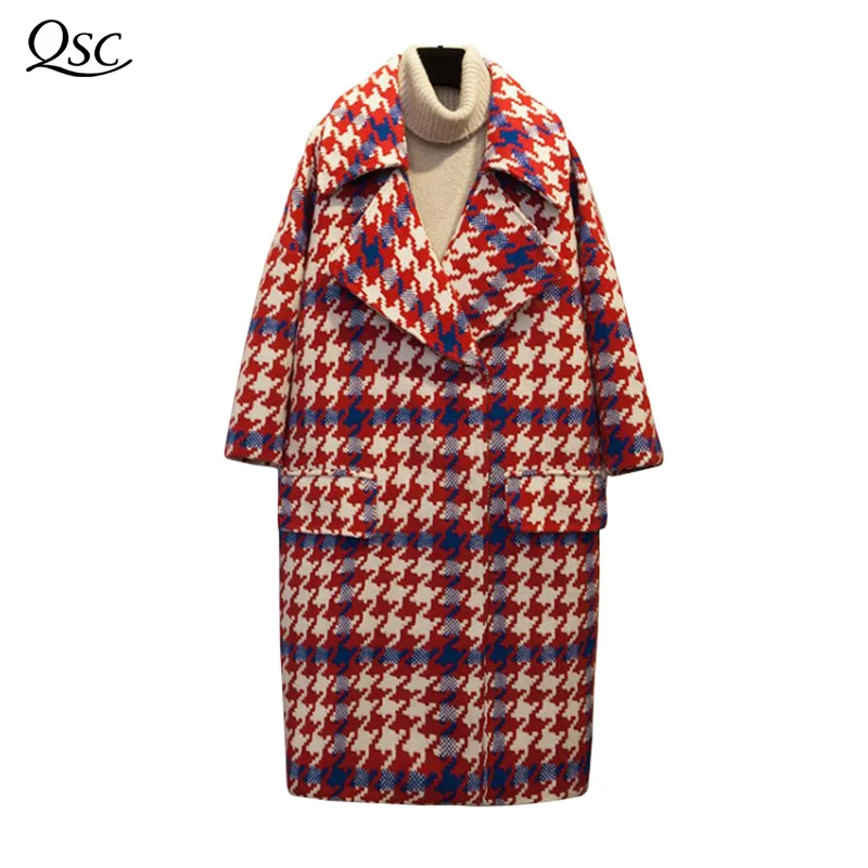 

QSC Europea Winter Women Wool Blends Plaid Coat Femal Thick Turn-Down Striped Printed Mid-Long Loose Fashionable Outerwear