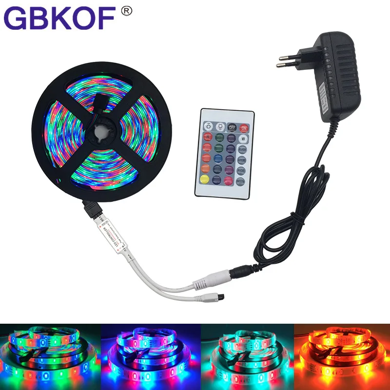 GBKOF RGB LED Strip Light 28353528 SMD 5M 60Ledsm IR Remote Controller Ribbon DC 12V 2A4A Power Adapter LED Tape Full Set (5)