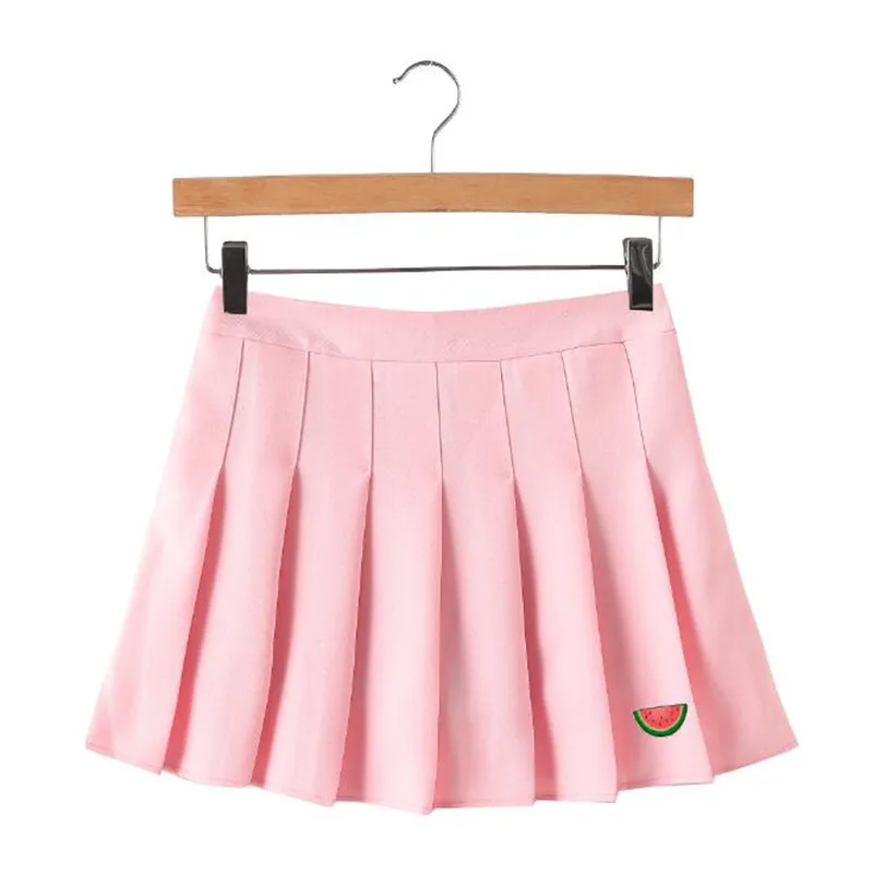 2019 Женская Kawaii арбуз вышивка высокая талия плиссированная юбка Женский японский Harajuku Британский Элегантный дизайн милые юбки для женщин