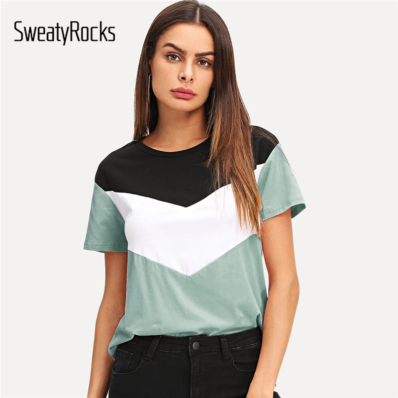 SweatyRocks Cut and Sew Tee многоцветный короткий рукав круглый вырез пэчворк повседневные топы женские летние Athleisure футболка с цветными деталями