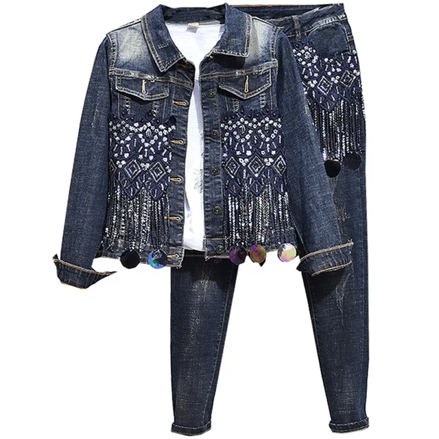 Denim Jeans Women 2 Piece set Jacket and Pencil Jeans Beading Tracksuit