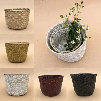 

S/M/L Storage Baskets Foldable Laundry Straw Patchwork Wicker Rattan Belly Garden Flower Pot Planter Basket Handmade