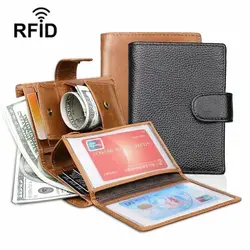 Для мужчин s подлинной кожаный тройной бумажник чехол-портмоне с функцией блокировки RFID Монета карман 3 окна для id-карт 2 Кнопка-застежка