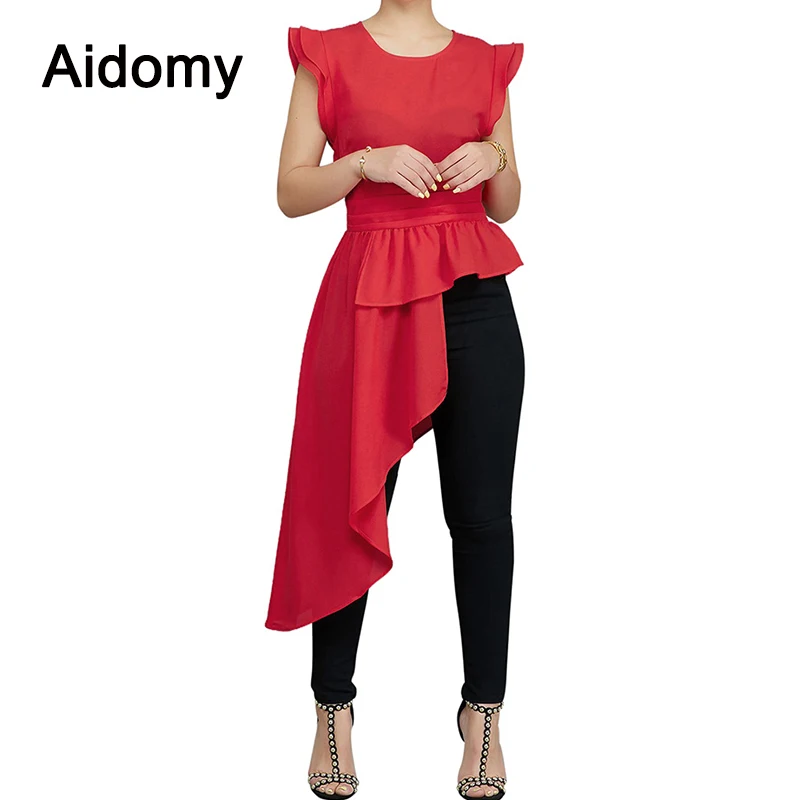

Asymmetrical Long Shirt Women Sleeveless Ruffles Peplum Top Women Summer 2018 Elegant Ladies Evening Party Blouses Black Red