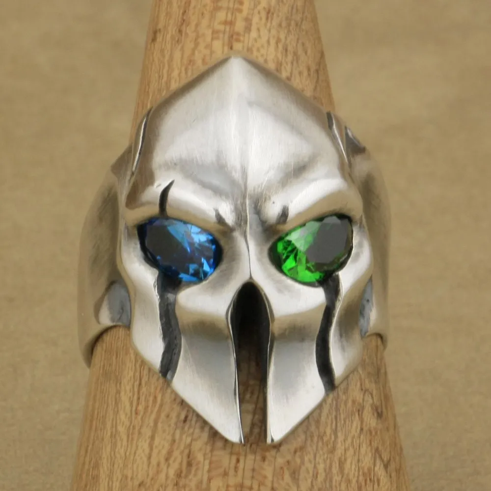 

925 Sterling Silver Guard Helmet Ring Blue Green CZ Eyes Biker Ring TA06A #7~15