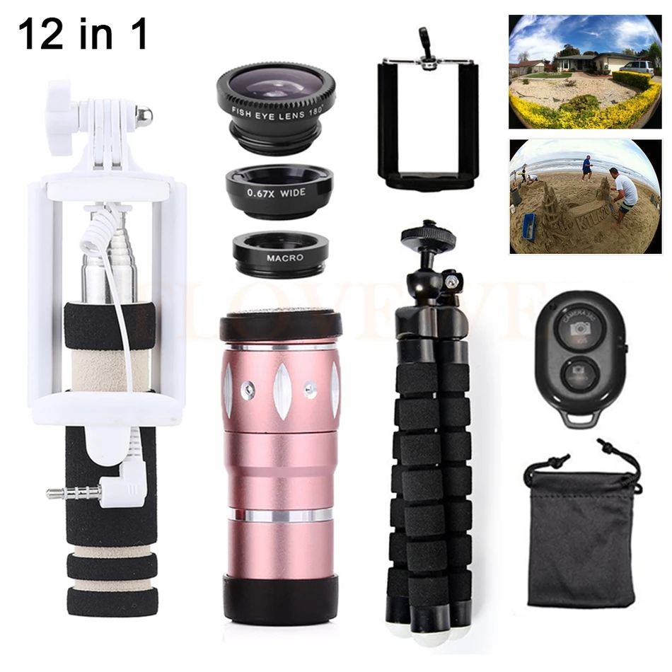 Mobile Lentes Kit 10X Telephoto Zoom Lenses Tripod Clips Wide Angle Macro Fish eye Lens With Selfie Stick Bluetooth Shutter Mobile Lentes Kit 10X Telephoto Zoom Lenses Tripod Clips Wide Angle Macro Fish eye Lens With Selfie Stick Bluetooth Shutter