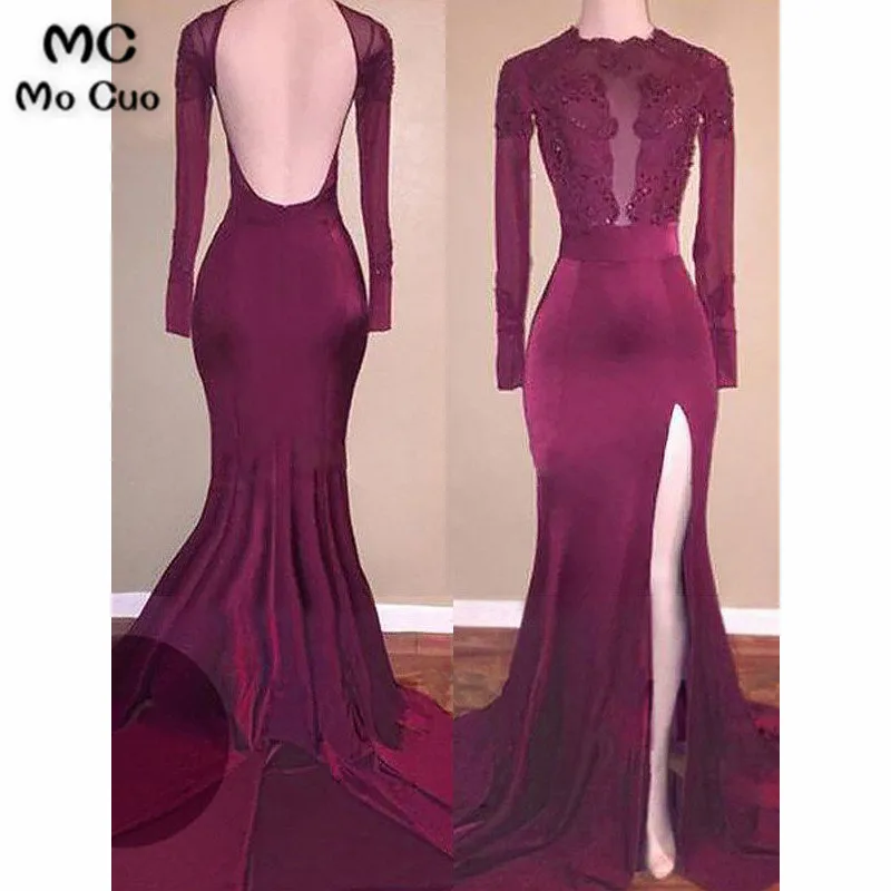 Mermaid Scoop Satin Long Sleeves Applique Sweep Brush Train Dresses