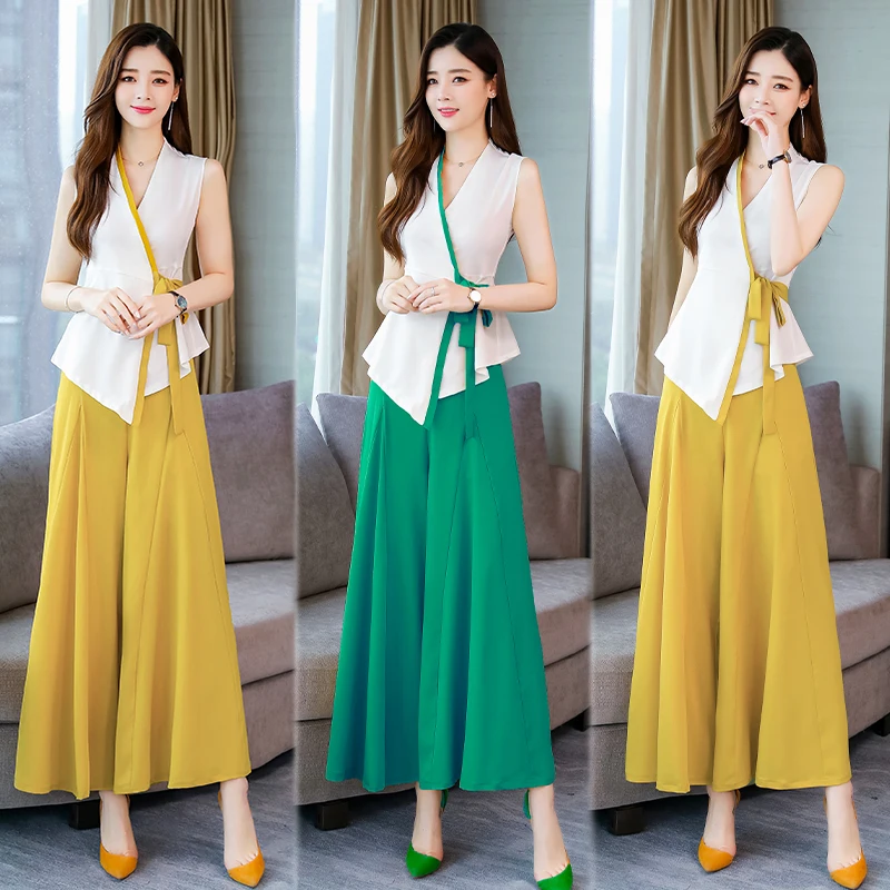 

2019 Women Summer 2 pieces Suit New Two Pieces Sets lady sleeveless solid tops and long wide leg trousers Pants Suits