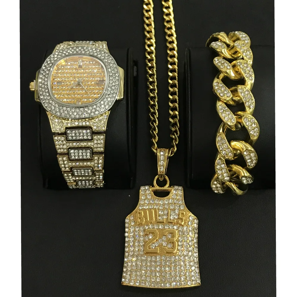 Роскошные мужские бриллиантовые часы в стиле хип-хоп, ювелирные часы, браслет и ожерелье, комбинированный набор, 23 цифры, кулон, льдом, кубинские украшения, набор для мужчин