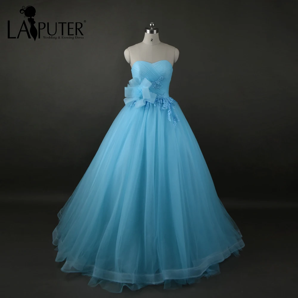 

Real Photos Sweetheart Off Shoulder Sky Blue Evening Dress Long 2017 Beautiful Lace-up Back Tulle Party Prom Dresses LAIPUTER
