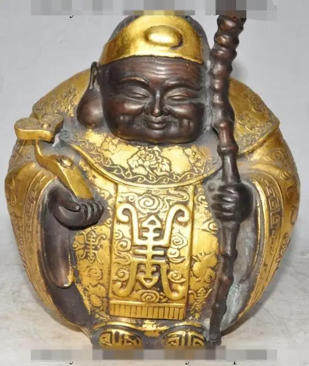 

S01282 9"chinese Bronze gilt Longevity Shou-po mother-in-law Hold Ru Yi Crutch Statue (B0413)