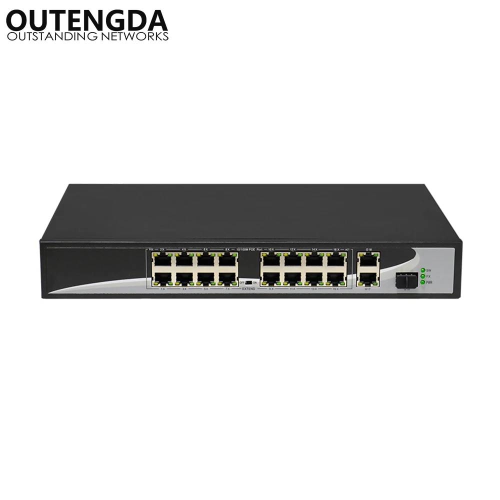 Koop 16 poorten POE Switch met 16 POE Poorten 2 Gigabit Uplink 1*1000 mbps SFP Power naar IP Camera, draadloze AP, IP Telefoon