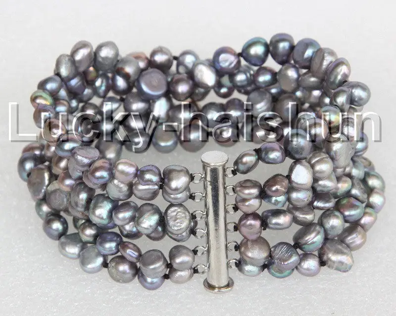

FREE SHIPPING HOT sell new Style >>>> 8" 8mm 6row Baroque black pearls bracelet magnet clasp j11114