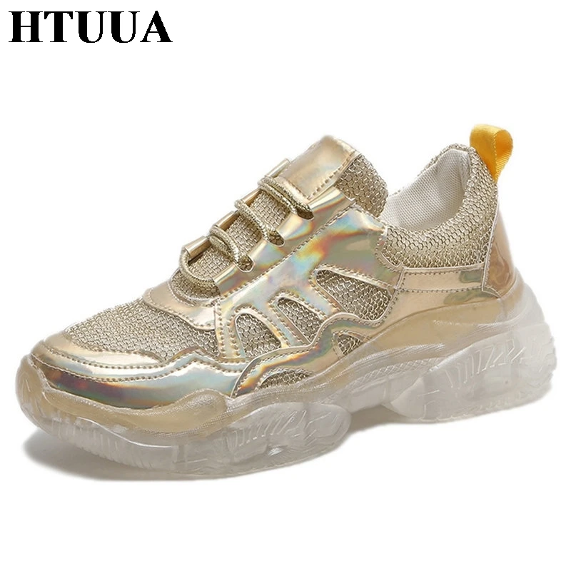 

HTUUA 2019 Spring Summer Women Sneakers Cozy Breathable Mesh Lace Up Casual Shoes Woman Flats Gold Platform Sneakers SX2540