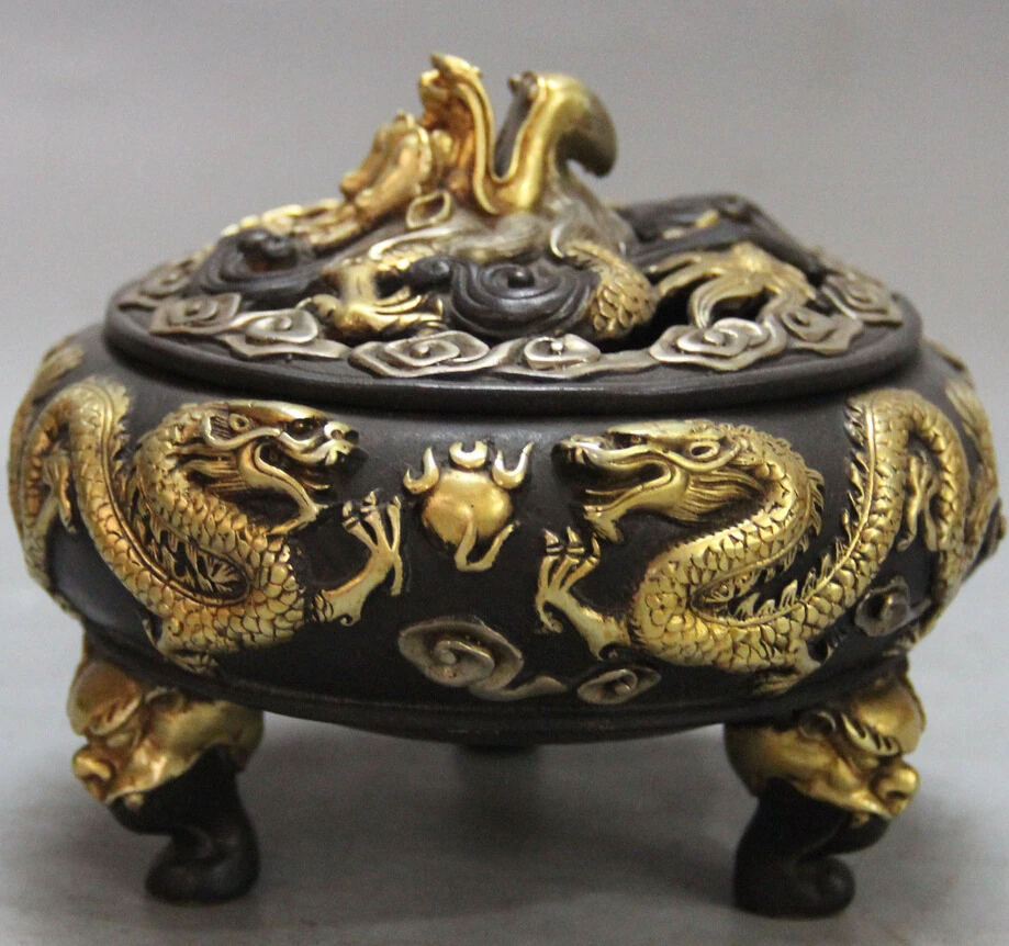 

wan67104036+++5"Marked Chinese Bronze Pure Silver Dragon Incense Burner Censer