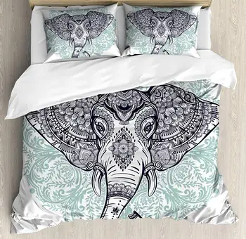 

Elephant Mandala Duvet Cover Set Queen Size Ethnic Tribal Floral Paisley Print Sacred Animal Head Hippie Decorative 4 Piece