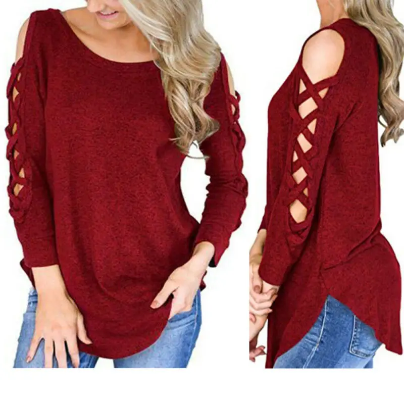 

Women Long Sleeve Lace-up Cold Shoulder T-Shirt Ladies Casual O-Neck Tops Blouse