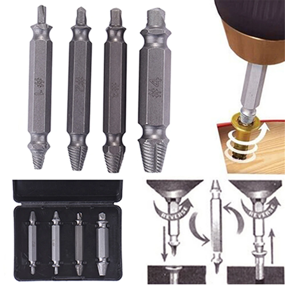 

4pcs Damaged Screw Extractor Drill Bits Guide Set Broken Speed Out Easy out Bolt Stud Stripped Screw Remover Tool